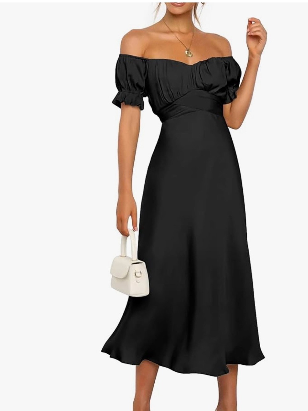Elegant Black Off-Shoulder Midi Dress with Puff Sleeves
